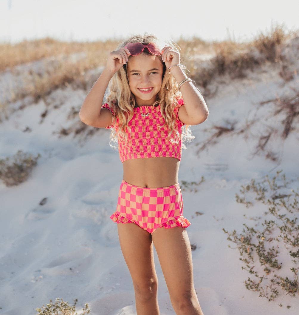 Oopsie Daisy | Hot Pink &amp; Tangerine Check Ruched 2 Piece Swimsuit