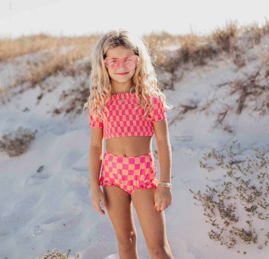 Oopsie Daisy | Hot Pink &amp; Tangerine Check Ruched 2 Piece Swimsuit