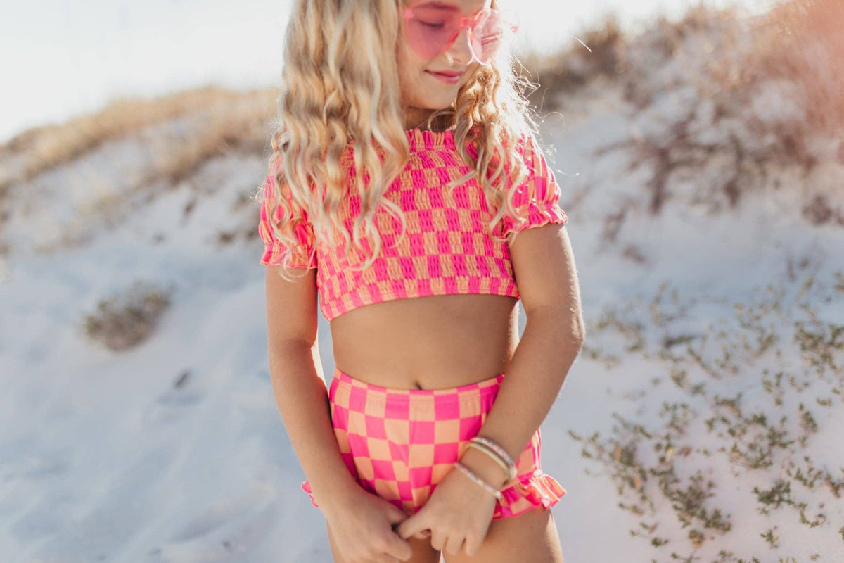 Oopsie Daisy | Hot Pink &amp; Tangerine Check Ruched 2 Piece Swimsuit