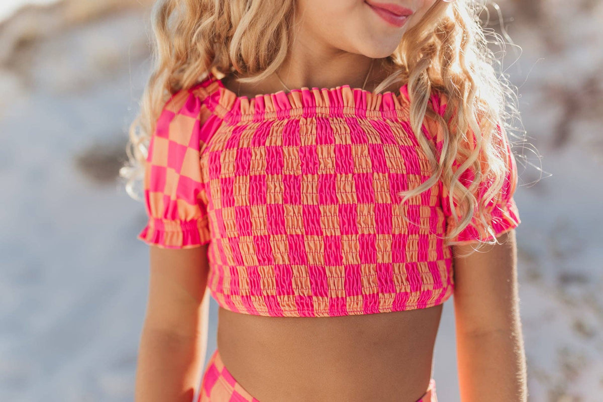 Oopsie Daisy | Hot Pink &amp; Tangerine Check Ruched 2 Piece Swimsuit