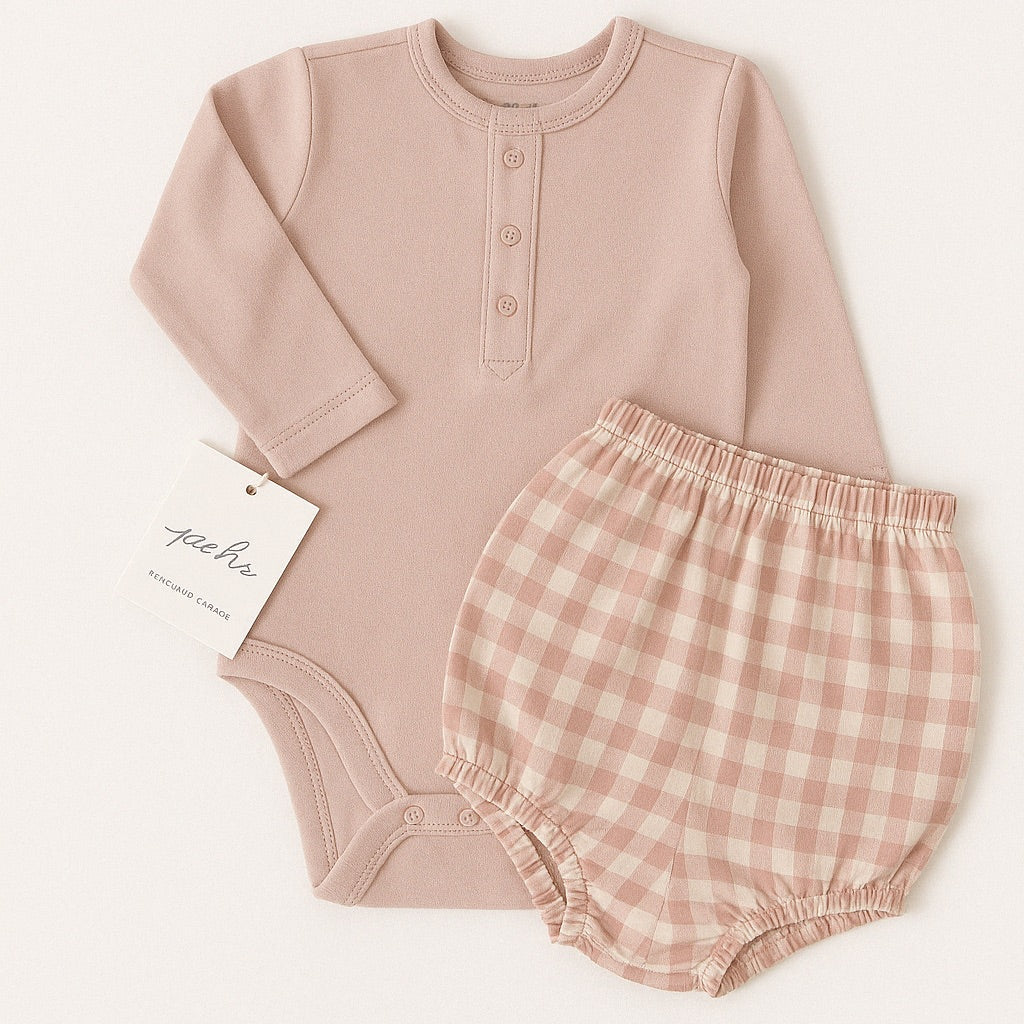 Pehr | Onesie and Checkered Bloomer Bundle | Pale Pink