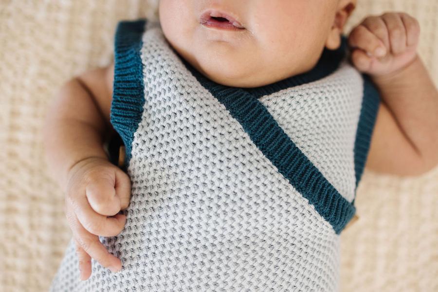 Fin &amp; Vince | Knit Wrap Romper - Sky/Ocean - COLLAR IS FADED A SMALL AMOUNT!