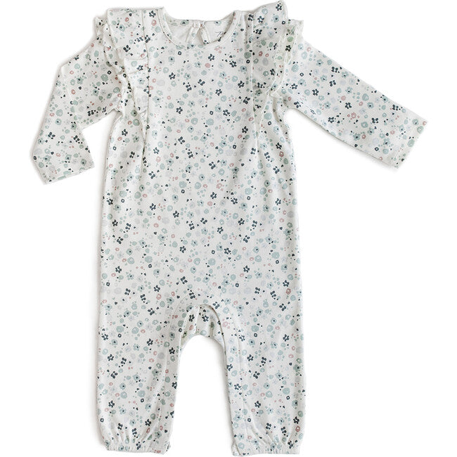 flat lay image of pehr flutter shoulder, long sleeved romper in bluebell floral print