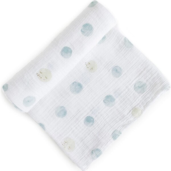 Pehr white muslin swaddle with luna dots in blue and random dots  with sleeping face moon in cream