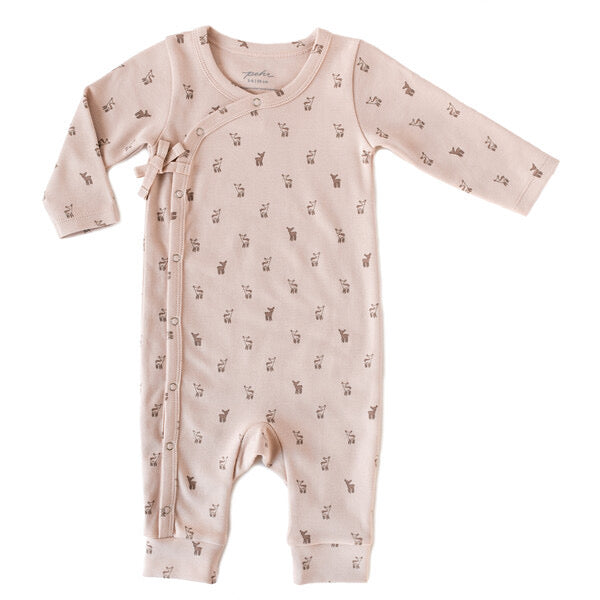 Pehr pink hatchling fawn print tie front kimono romper against white backdrop
