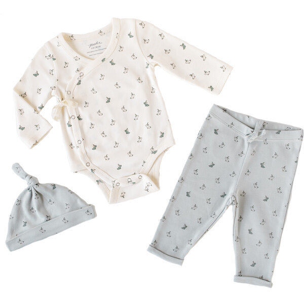 Pehr 3-piece set in hatchling bunny print including kimono onesie, white, light blue leggings, and light blue knotted hat