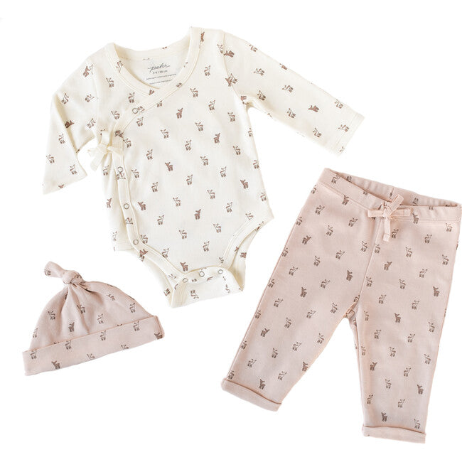 pehr three piece kimono style newborn set. onesie with pants and hat in pink hatchling fawn print